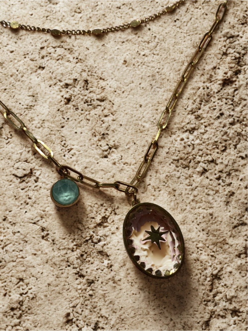 Gold-Tone Layered Pendant Necklace with Teal Accents